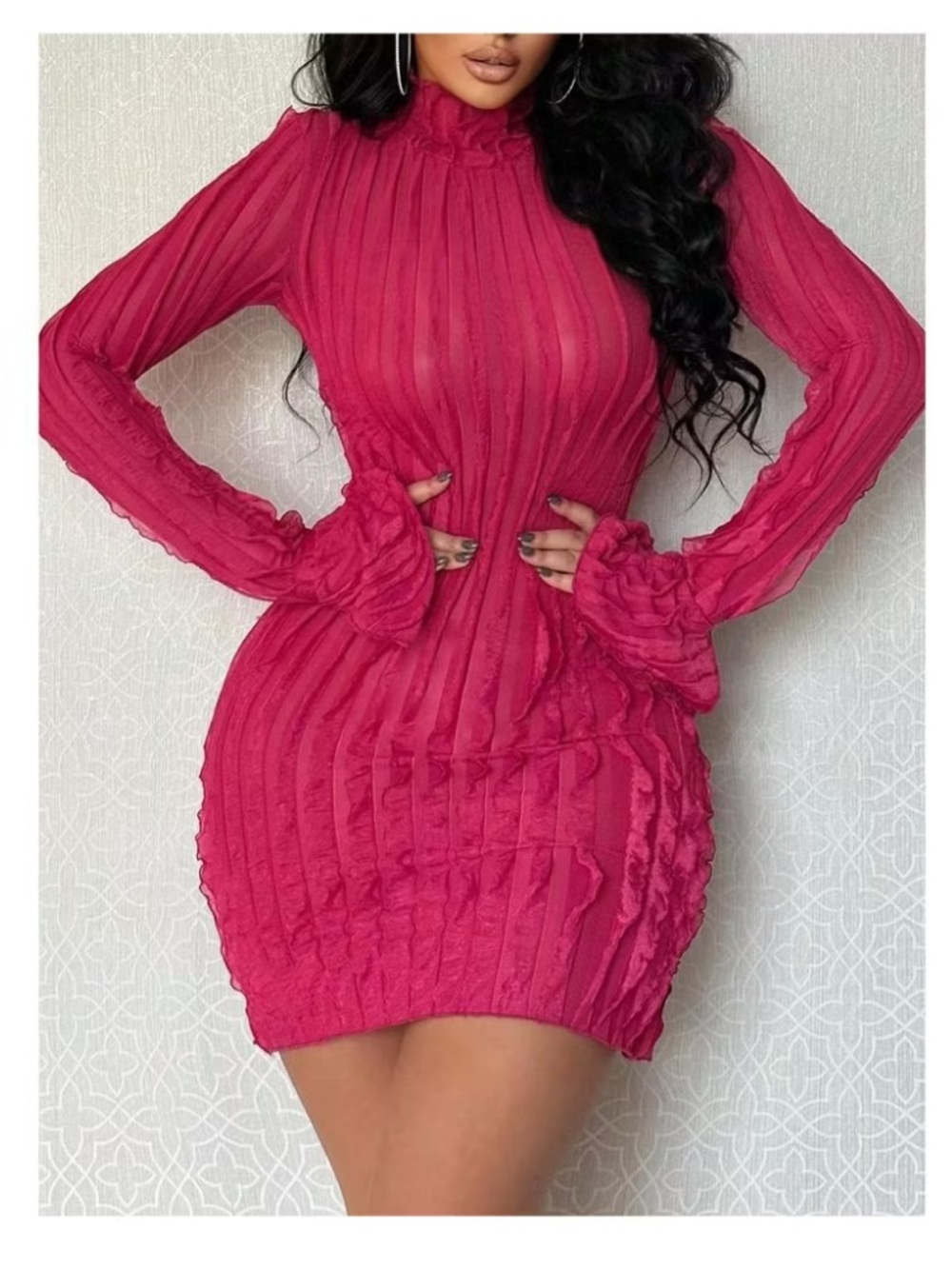 Shein Size 6 Couture Hot Pink Ruffle Hi-Neck Bell Sleeve Bodycon Dress